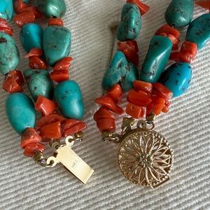 14kt gold filigree clasp- vintage Turquoise and Coral triple-Strand Necklace -